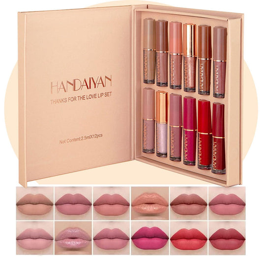 12-Shade Lipstick Set - Handaiyan™ Smudge Proof Velvet Matte Liquid Lipstick - Waterproof, Long-lasting, non-sticky formula